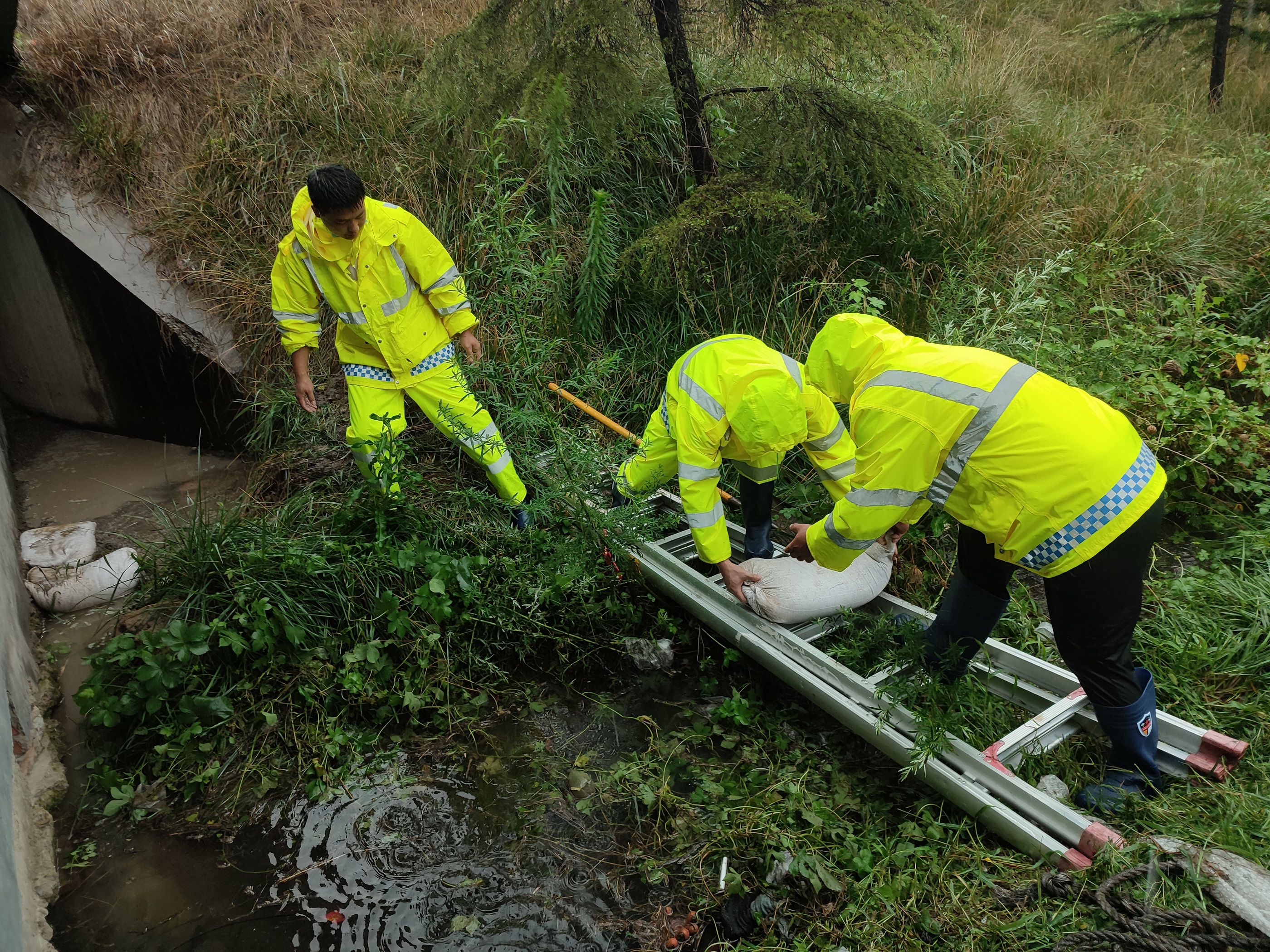 7月22日永城南服務(wù)區(qū)為持續(xù)做好新一輪降雨汛期防汛工作，組織員工對(duì)水泵房、配電房、廣場(chǎng)排水通道、主樓房頂及圍墻邊溝等重點(diǎn)區(qū)域進(jìn)行疏通清理，全力做好防汛工作。 巢芳芳 攝 (1) (1.jpg
